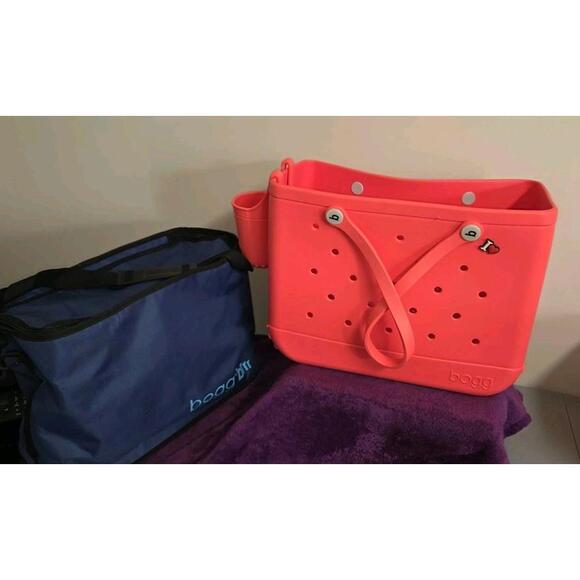 XL BOGG BAG COMBO Coral Large Tote Beach Bag With Cooler & Cup Caddy - Picture 3 of 11